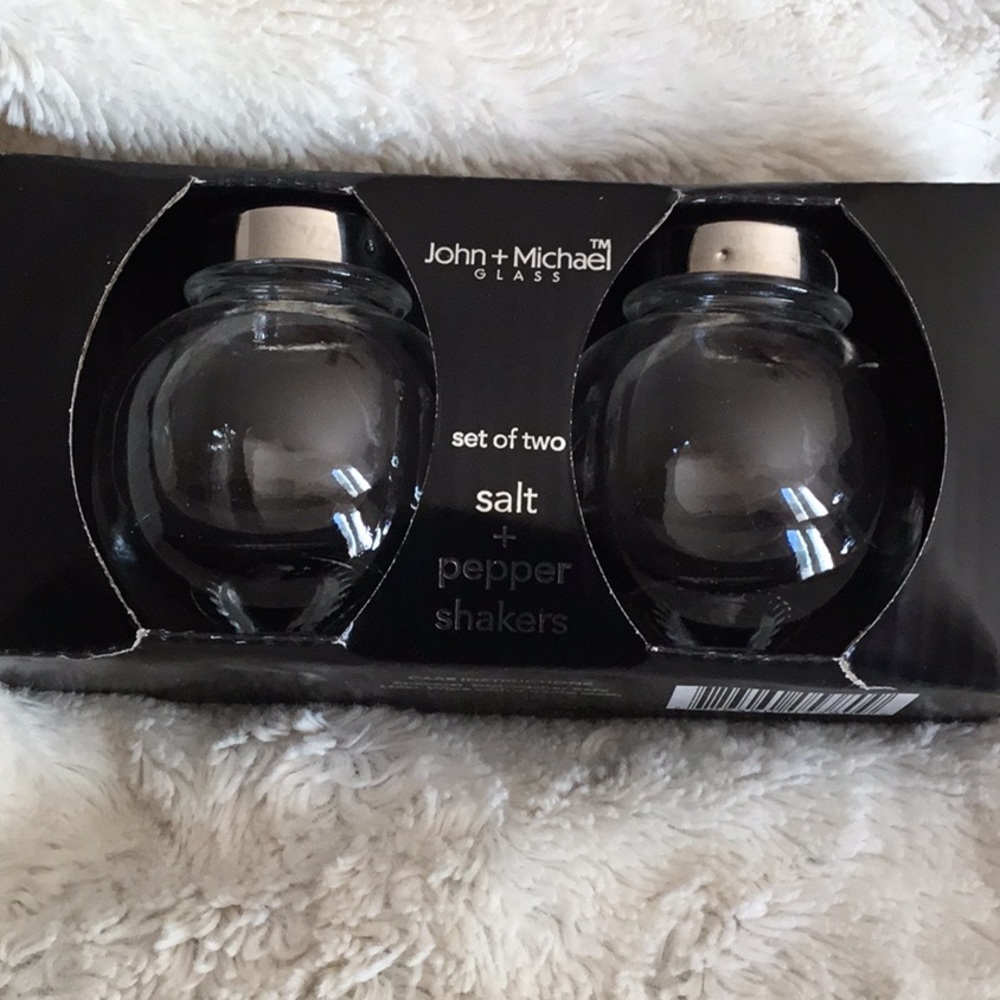 John + Michael glass salt and pepper shakers. New in box.